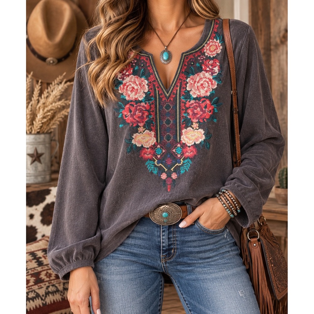 Boho Western Embroidered Floral Tunic Top | Andree by UNIT | Size L | Gray